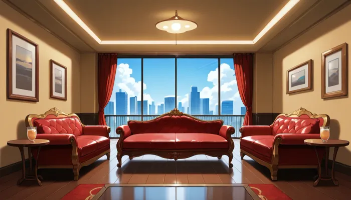 The scene is a high-rise apartment, skyscraper, large floor to ceiling windows, aged mahogany floors, a cream colored leather chaise lounge, a large Golden pathos, 75 inch TV on the wall, a balcony.