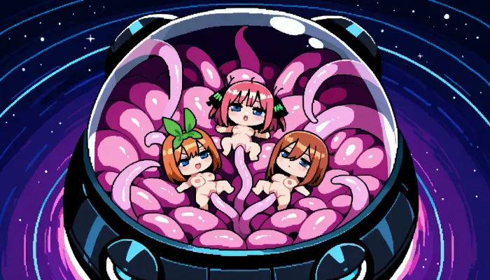 Cute, pixel art, under tentacles dome, tranparent dome, 16 bit art, nude, tentacles, pink tentacles, 3 girls, lies on back, Nino Nakano, Miku Nakano, Yotsuba Nakano, chibi style, tied tentacles, above view, vaginal tentacles, stock arms, stock legs, diffrrent emotions, space background