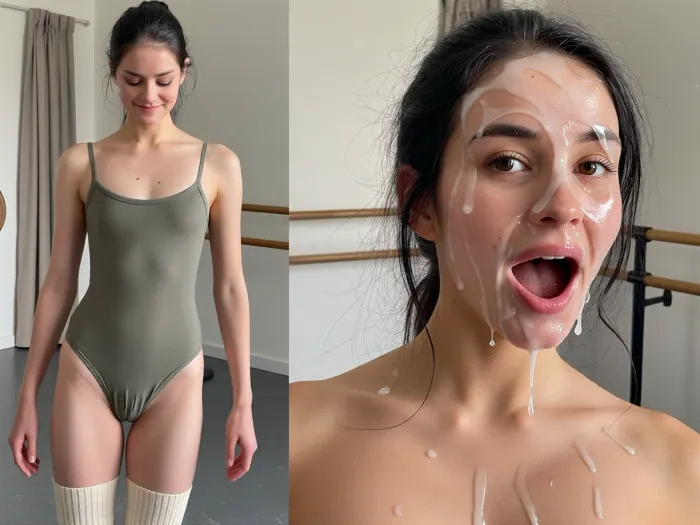 (side-by-side, two full body shot pictures, of the same 6 foot 2 inch tall and 35kg extreme skinny anorexic very slender argentinian-italian 26yo adult ballet dancer with small tits, long skinny legs, narrow hips, thigh gap, long slim legs, with long black hair and tall narrow nose and narrow long face, moles:1.2), BREAK, in the left picture she looks shy and laughing happy, dressed in tight olive green ballet costume and cream colored knitted tights, (right picture her face and forehead and hair is completely covered in excessive amounts of realistic semi-transparent cum, an excessive amount of cum is on her face and in her mouth and in her hair, cum is dripping down on her nude chest, cum dripping from nose and chin, cum in hair, cum in eyes), her eyes are open wide, but filled with sticky cum, her hair is messy, (her facial expression in the right picture is extremely horny, moaning in delight, cum is gushing from her mouth:1.2), ((The woman is the same extreme skinny tall pretty adult woman on both pictures, same pose:1.3)), Background for both pictures is ballet practice hall, extremely naturalistic an realistic