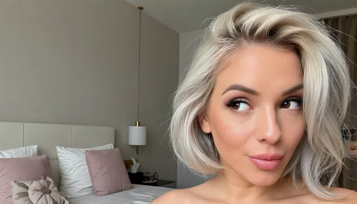 intimate portrait of a sultry woman posing sensually in her cozy bedroom with minimalist feminine decor, huge expressive eyes looking away in a coyly suggestive side-eye glance, her voluminous silvery-blonde hair in a cut in a short bob with one side swept back in a tousled finger combed look, her soft glossy lips are quirked in a smug smirk, delicate triangular face with high chiselled cheekbones, the subject is anchored to the side image with her bed featured prominently in the background using a rule-of-thirds composition