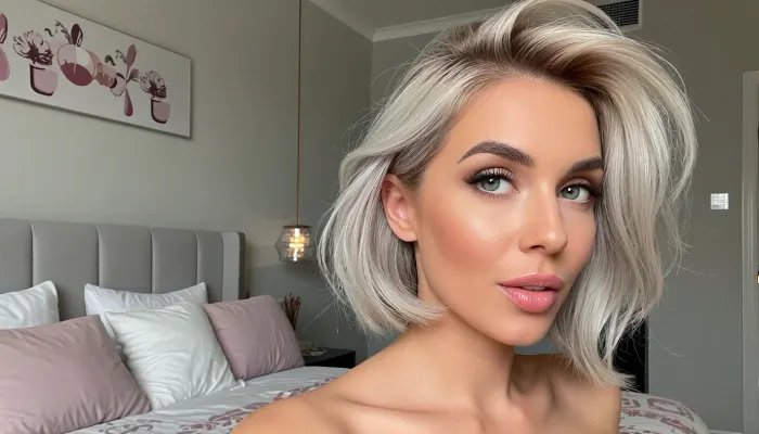 playful portrait of a confident woman posing sensually in her cozy bedroom with minimalist feminine decor, huge expressive eyes looking away in a coyly suggestive side-eye glance, her voluminous silvery-blonde hair in a cut in a short bob with one side swept back in a tousled finger combed look, her soft glossy lips are quirked in a smug smirk, delicate triangular face with high chiselled cheekbones, the subject is anchored to the side image with her bed featured prominently in the background using a rule-of-thirds composition