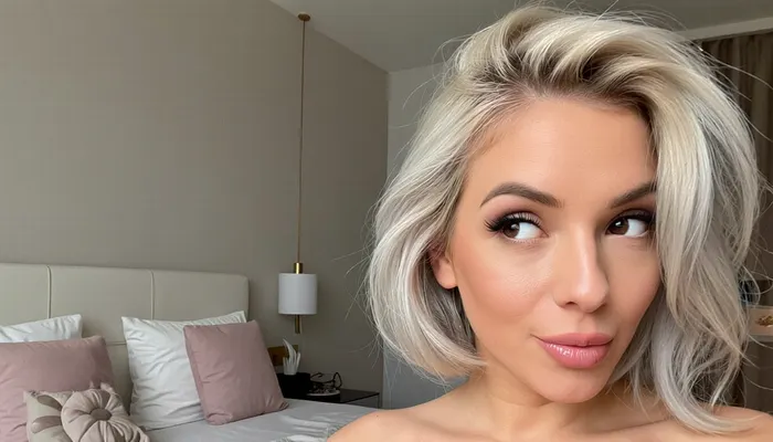 intimate portrait of a sultry woman posing sensually in her cozy bedroom with minimalist feminine decor, huge expressive eyes looking away in a coyly suggestive side-eye glance, her voluminous silvery-blonde hair in a cut in a short bob with one side swept back in a tousled finger combed look, her soft glossy lips are quirked in a smug smirk, delicate triangular face with high chiselled cheekbones, the subject is anchored to the side image with her bed featured prominently in the background using a rule-of-thirds composition