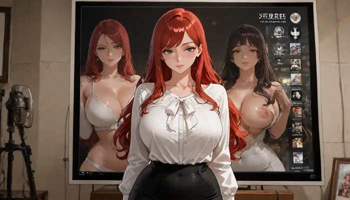 (masterpiece, best quality, ultra-detailed, realistic clear photography, professional photo shoot quality, high resolution), chubby redhead girl, long wavy red hair, freckles, short bangs, fair skin, 37 years old, University lecture hall, low contrast, BREAK, large natural breasts, a white formal blouse, a black tight pencil skirt, standing at the lectern in the lecture hall, She is standing at the lectern and giving a lecture, there is a large screen behind the place where she is standing, (A photo of boobs is displayed on the screen:1.3), (She is explaining the photo of the boobs displayed on the screen, She is explaining while looking at the screen), futuristic-fantasy-anime, <lora:futureistic_fantasy_anime_sdxl_v1:1.2>, <lora:attractive_notrigger:.8>, <lora:EnvyBeautyXL01:1.2>