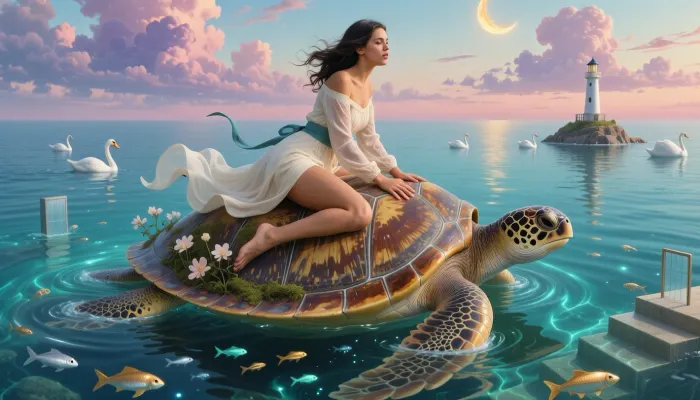 A richly illustrated 16k Sharp poetic surrealist scene of an adult beautiful feminine woman riding side-saddle across a vast, tranquil sea atop the broad shell of a giant turtle. Warm brown skin and flowing dark hair frame her thoughtful face, she sits near the shell’s center, balanced and relaxed, both hands are lying on the turtle's shell, her expression quietly hopeful. Her ivory dress has long translucent sleeves, a muted teal sash, and windblown fabric streaming softly in the sea breeze. The immense turtle glides through glassy blue-green water, its patterned shell richly textured with worn gold, verdigris, and patches of moss. Pale, delicate flowers sprout between its shell plates, beneath the surface, tiny luminous fish drift through the turtle’s pearlescent wake as fine ripples spread outward. Far away, a miniature lighthouse rises from a floating rock. a group of swans on the water, Beneath it, ripples transform into floating staircases, scattered silver and gold fish, and tiny doorways that reflect a sky of oversized lavender clouds and a golden crescent moon. Compose as a wide cinematic view from a low water-level perspective, Soft twilight light blends rose, turquoise, indigo, and gold across the scene, creating pearlescent reflections and gentle shadows. Fine painterly detail, impossible scale, symbolic imagery, and unexpected juxtapositions evoke poetic Surrealism, a serene, mysterious atmosphere, and the sensation of journeying through a lucid dream, detailed hands, anatomically correct hands, natural finger placement, five fingers per hand, well-defined knuckles, clean palm lines, delicate women's hands