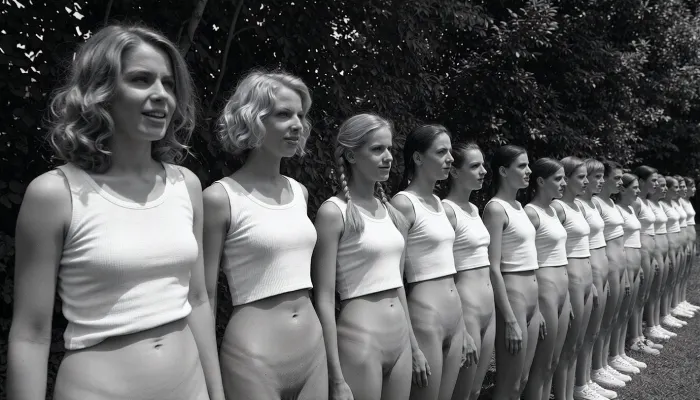A black and white vintage photograph of a long, diagonal line of 20 year old nude women standing at attention outdoors, arranged in a receding row that stretches from the left foreground into the right background. The closest woman on the far left has wavy, shoulder-length light hair and wears only a white sleeveless tank top, her vagina is visible, reservedly smile and her gaze is directed slightly to her left, away from the camera. Beside her, the second woman has short, curly blonde hair framing her face, her gaze is directed slightly to her left, away from the camera, reservedly smile, only the same white tank top, her vagina is visible. The third woman, positioned near the center of the frame, has braided blonde twintails and her gaze is directed slightly to her left, wearing only the identical white top, her vagina is visible. To her right, the fourth woman her gaze is directed slightly to her left, and dark hair pulled back. The remaining women in the line recede into the distance to the right, each wearing only matching white tank tops, with their faces becoming progressively smaller and softer in focus, creating a strong sense of receding perspective. The women are standing close together, shoulder to shoulder, with their arms at their sides, forming a rigid, disciplined formation. Behind them, a dense wall of dark, leafy trees fills the background, rendered as a textured, out-of-focus mass of foliage. The lighting is bright, direct sunlight coming from the upper left, casting sharp, distinct shadows on the women' faces and clothing, with the first three women receiving the strongest, most sculpted illumination. The photograph has a grainy, high-contrast, black and white film aesthetic typical of mid-20th-century documentary or propaganda photography, with deep blacks in the shorts and background foliage and bright whites in the tank tops. The composition is a dynamic diagonal line that leads the eye from the bottom left to the upper right, emphasizing uniformity, youth, and disciplined group identity. The atmosphere is serious and formal, yet also marked by a certain cheerful lightness, it captures a moment of collective stillness and disciplined order in a sun-drenched, open-air setting.