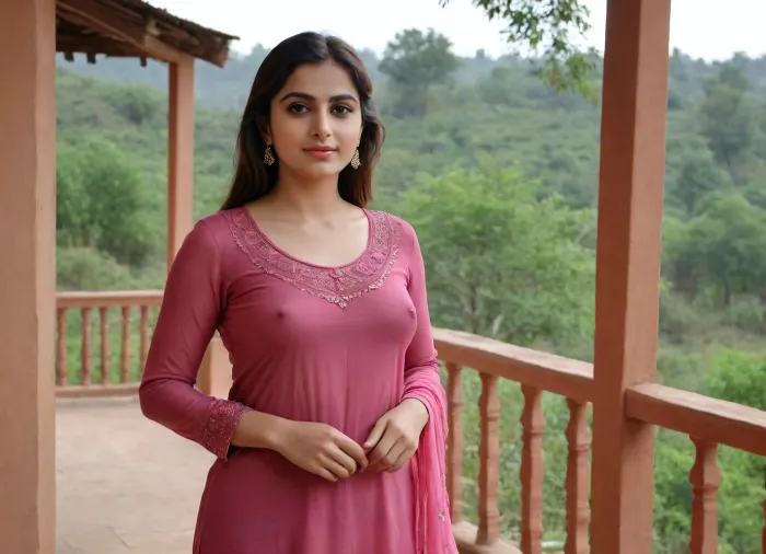 beautiful pakistani wife, sensual lustful eyes, perfect curvy figure, wearing a thin clothes, semi-transparent, nude body silhouette, light smile, standing at the porch of a village house, realistic scenery, braless, candid moment, Wearing, clothes, that, make, sense, with, Braless>, Eileen Agar style, <lora:bralessSDXL_v1_00022:.1>