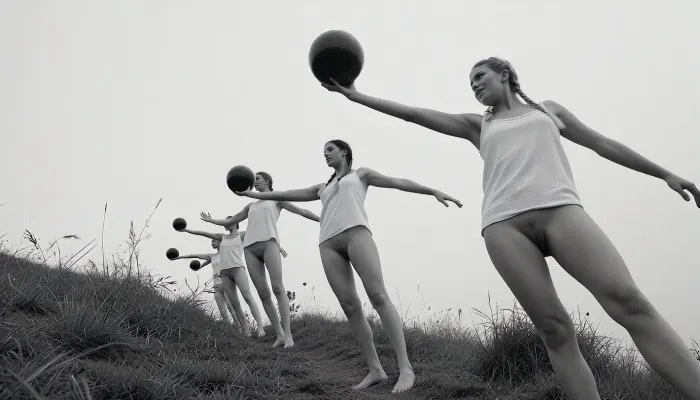 A vintage black and white photograph of five 28 year old nude women performing a synchronized rhythmic gymnastics routine outdoors, captured from a low angle looking up at the figures against a vast, pale, overcast sky. The women stand barefoot in a diagonal line ascending from the lower left to the upper right on a rough grassy hilltop. The foremost figure on the far right, closest to the camera and rendered largest, is a fair-skinned young blonde woman with braided hair, wearing only a light sleeveless short white linen camisole. She holds a dark, solid ball aloft in her raised right hand and gazes slightly upward with a focused happy smile, her left arm is extended horizontally behind her. Behind and to her left in the middle distance, a second woman with braided hair and a similar short white linen camisole mirrors the pose, arm extended out to the side holding a dark ball at shoulder height. Further to the left, a third woman also holds a ball out to her side, followed by a fourth and a partially visible fifth woman at the far left edge, all wearing only identical pale camisoles, all women's realistic detailed vaginas are visble, creating a rhythmic, cascading formation of outstretched arms and dark spherical props. The foreground consists of textured wild grass and tall weeds silhouetted slightly against the bright sky, anchoring the figures. The photograph is shot on film with a medium telephoto lens and a deep depth of field, keeping all the women reasonably sharp, though the distant sky is rendered as a soft, luminous field of grain. The lighting is diffuse and shadowless, typical of an overcast day, which backlights the figures slightly and creates a strong contrast between their pale uniforms and the dark heavy balls. The image has a grainy, silver-gelatin quality with visible film texture, a wide tonal range from deep blacks in the balls and shadowed grass to bright whites in the sky, and significant vignetting that darkens the corners and edges. The composition is dynamic and asymmetric, dominated by the upward diagonal sweep of the figures and the negative space of the empty sky above them, evoking a mood of retro athleticism and mid-century documentary imagery.