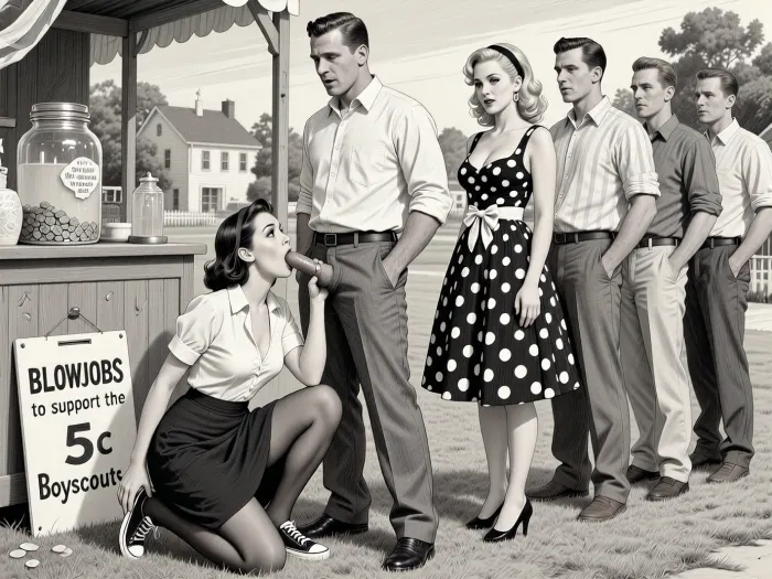 This is a detailed monochromatic pencil drawing in a classical illustrative style depicts a scene set at a 4th of July celebration in a rural town's park in the 1950s.1woman is squatting in front of 1man strokes cock and gives him blowjob. woman1 wears 1950s dark skirt and white blouse, unbuttoned blouse exposing her large breast, dark stockings, canvas shoes. Pose squatting, leaning forward, legs spread apart, cock in her mouth, cum dripping off her chin. 1man wears slacks and a shirt, pants unbuttoned unzipped, showing erect dick. Pose standing. Facial expression surprised. a woman and 4 other men stand in line in a queue, awaiting their turn. Woman is second in line. Pose relaxed, facial expression devious smile. woman in line is 35yo voluptuous blonde wavy hair, headband, make-up, wears a black and white Polka Dot A-Line Dress with Back Tie and Waist Bow, heels. men wear casual slacks and shirts, with brown hair. There is a booth behind the woman, like a lemonade stand. There is a large jar with coins and a sign "5c BLOWJOBS to support the Boyscouts". The overall style is a black and white pencil drawing, capturing a candid moment. The scene has a formal, organized atmosphere. The overall mood is intense, rendered in fine, expressive line work and subtle shading, evoking the style of 1950s satirical or moralistic illustrations.