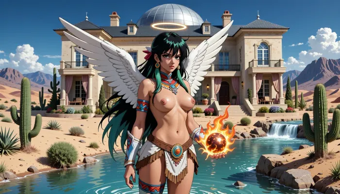 Black and Green haired angel woman with wings, modest boobs and halo, Wearing Native American outfit, holding fiery sphere, standing in river, in an open Desert with cactus, river, waterfalls and mountains, in front of wide massive two story high elegant dome house with garden, patio, windows, staircase, curtains and balcony, 1990s anime, vintage anime, 90's anime style, in the style of hajime sorayama, in the style of greg tocchini, anime masterpiece, pixiv, akira-style art, akira anime art, 4k, high quality.