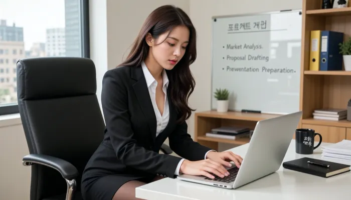 A beautiful young Korean woman with long hair is sitting at a white desk in a modern, bright office, in a black leather office chair. She is staring intently at the screen of an open silver laptop, and her fingers rest on the keyboard in a natural working position. She is wearing a classic-cut black business blazer over a white shirt unbuttoned low, a black form-fitting pencil skirt, and black nylon tights. Her face is young, with soft East Asian features and a calm, focused expression. On the desk stands a black mug with white lettering in Korean, there is also a black notepad with a pen and a stack of papers. In the background is a whiteboard listing the following items, “- Market Analysis, ” “- Proposal Preparation, ” “- Presentation Preparation.” Behind her is a large window with soft daylight and a blurred view of city buildings, to the side are wooden shelves with folders and notepads. Photorealism, high level of detail