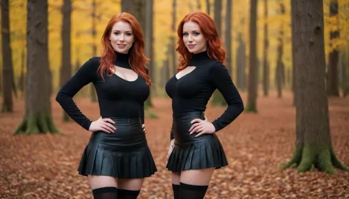 Sexy red head, tight black shirt, skirt, large breast, nipples, high socks, high heeled boots, passionate smile, seductive, autumn forest, facing viewer.