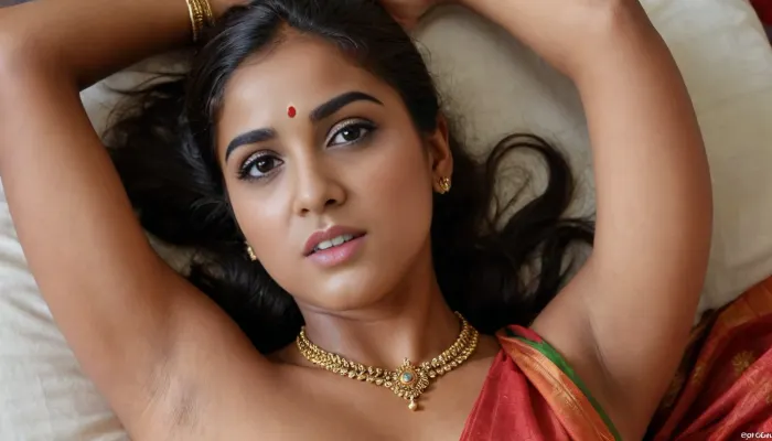 hot 18 year old south Indian tamil woman, she is lying on a bed, arms up, she is wearing ethnic Indian sari, south indian indian girl, ethnic indian jewelry, bindi on her forehead, ethnic Indian sleeveless, (Indian Nose stud), (Indian bridal makeup), dark skin, freckles, Indian office, ethnic attributes, necklace, clothes off tits, (very detailed face), mouth open, eyes closed, long eyelashes, eyebrows raised, moaning expression, orgasm, (hairy armpits:1.2), missionary sex POV. Dick in pussy., (Dense hairy pussy:1), upskirt.