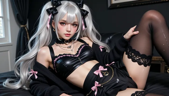 A stunning much young East Asian woman in her mid-twenties with an adorable kawaii E-girl aesthetic. Petite figure, naturally flat chest, delicate facial features, large sparkling brown eyes, soft rosy cheeks, glossy pink lips, subtle winged eyeliner, and a cute, slightly shy expression.

**Hair, ** Extremely long, voluminous silver-white hair styled into two high twin ponytails flowing past her waist. Oversized black satin bows decorate both ponytails, with long ribbon tails. Straight wispy bangs, soft face-framing strands, loose curls, silky highlights, and individually detailed hair strands. Both ponytails and bows clearly visible.

**Outfit, ** A stylish black gothic-coquette cosplay ensemble featuring a fitted black satin crop top with delicate pink-and-black lace trim, a short pleated black mini skirt slightly raised pussy, an oversized black knitted cardigan with cute ribbon details, sheer black thigh-high stockings with lace tops, a velvet heart choker, layered silver heart necklaces, decorative waist chains, and tiny satin bows. Elegant, playful, slightly daring Japanese-inspired alternative fashion with intricate lace, realistic satin reflections, and detailed knit textures. Very aesthetic. Gold accessories . Jewelry, medium breasts, ((pleasure face)), happy face., pussy hair, public hair., (sexy:1.5), (lying on back), mating press, huge black veiny wet penis, (cum dripping), (cum dripping from pussy), (excessive cum), handjob, interracial, (dark bedroom), 4ng3l, 8k resolution, Sharp focus, Masterpiece, ., **Rendering, ** Photorealistic anime-inspired 3D character, realistic adult facial proportions, lifelike skin texture, detailed eyelashes, individual hair strands, physically accurate lace and satin, cinematic window lighting, Unreal Engine 5 quality, ambient occlusion, shallow depth of field, premium cosplay photography, 4K.

**Aesthetic, ** Cute UwU E-girl, gothic coquette, Japanese cosplay fashion, silver-white twin tails, black satin bows, soft pink makeup, playful and mysterious.