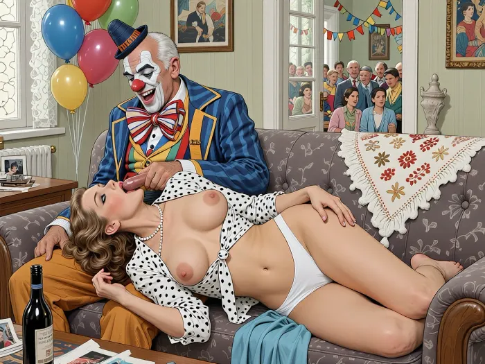 This is a detailed a classical illustrative style depicts a scene set in USSR in 1950s, Anna- very beautiful Russian married woman 40 years old noble light-brown elegant hairstyle, slender, wide hips, elicate noble facial features, expressive eyes, Anna is dressed in white panties, a unbuttoned and open polka dot blouse showing her large saggy with tanned line breasts with large tight nipples, beads around the neck, Her blue skirt is lying next to it. she is on an ordinary sofa in the living room of a Soviet apartment with her back to an old man sitting on this sofa. is a detailed male clown—50 years old With a mocking laugh —wearing a full clown costume, complete with trousers, a jacket, suspenders, a colorful shirt, an exaggeratedly large bow tie, a red nose, and a tiny hat. woman is lying facedown on sofa, Anna is taking dildo nude color deep into her mouth, head in his lap, sucking his dildo nude color cock, deepthroat, pleasure on a woman's face. a bottle of wine and her family photos are on the bedside table next to her.A private party decorated with balloons, streamers, with many neighbors can be seen in the background through the open door.retro, full body view. The overall mood is intense, rendered in fine, expressive line work and subtle shading, evoking the style of 1950s satirical or moralistic illustrations.