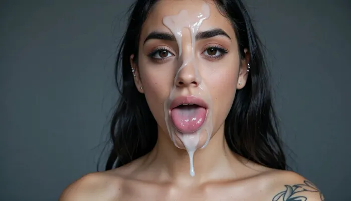 a tall skinny amazigh arab emo girl has her mouth slightly open and completely full of cum, she can barely keep the massive amount of cum inside her mouth, cum on forehead and nose, cum in eyes, she is incredibly beautiful, she has a very cute narrow face, emo makeup and piercings, full body picture, Canon EOS 5D Mark II, kodak, photo, tattoo, pale, cold, lighting