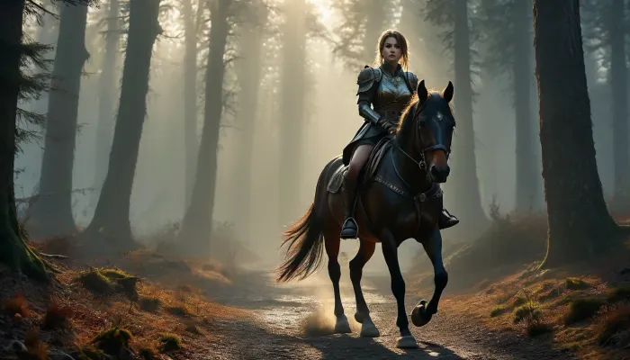 Uber realistic, 8k, ultra detailed, masterpiece, Beautiful female fantasy paladin, 22yo, Lana Ratschuk, beautiful small bell shaped breasts, 22a-cup, erect nipples, perky tits, tits hard firm, athletic figur, small waist, small tight ass, small tight hips, abs, (hard round ass), slender long legs, ((focus on feet:1.6)), ((mounted riding along a dark forest path:1.8)), (heavy fog:1.5), fantasy style, dark fantasy, horse, Beautiful black horse, war horse, armor, zombies hiding in the forest, detailed face, detailed hair, detailed body, detailed skin, detailed breasts, High, Resolution, More, Details, 8K, but, <lora:MJ52:.8>, <lora:add-detail-xl:.8>, <lora:BUT_SDXL_SHS:.3>