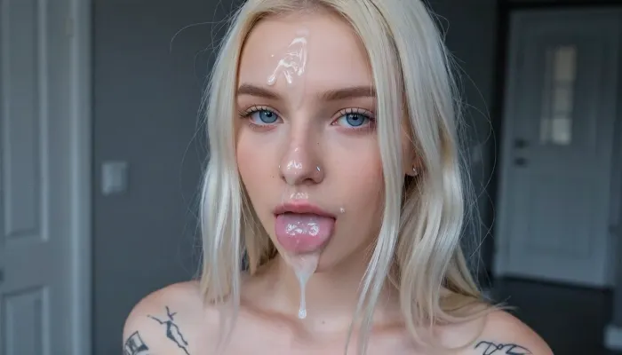 a tall skinny dutch whiteblonde next door neighbor shy narrow faced girl has her mouth slightly open and completely full of cum, she can barely keep the massive amount of cum inside her mouth, cum on forehead and nose, cum in eyes, she is incredibly beautiful, she has a very cute narrow face, emo makeup and piercings, full body picture, Canon EOS 5D Mark II, kodak, photo, tattoo, pale, cold, lighting