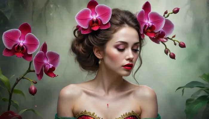 (Dark Fantasy Artwork), artistic, low angle, artistic painting in a watercolor and oil on parchment, the background features a large abstract red heart shape, 40 yo, ethereal belle female orchid predator made of thorns, dress of thorns, thorns emerge from her skin, thorn-like gold jewelry, playful pout, dark misty void with violet and emerald shimmering surfaces, sweetness, soft focus, seductive gaze, red lips, dynamic effect through paint splashes and streaks, a cluster of large soft red orchids with green foliage, warm colors, painterly texture, fantasy, natural beauty, gleaming ghostly gold, epically atmospheric fog, red ribbons, /KlTTY-ART/