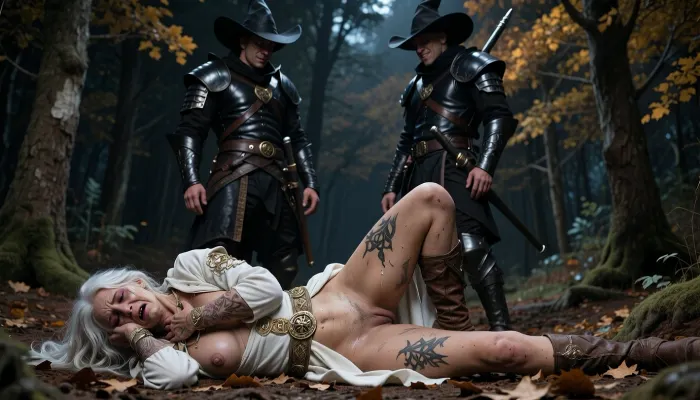 Only 2 male hunters standing, one female witch lying on the ground.
Autumn forest, night. 2 Witch Hunters, standing, with black leather Armour and hats stands over 1 captive witch lying on the ground. BREAK The witch, (((lying on the ground))), (a woman of 80 years old:1.8), Covering her face with here hands, Crying, (Sad witch, woman priest, slender, sexy, pov, 80 years old, wearing detailed rustic White dirty leather dress, White cloak with gold decorations, magic symbols, long dirty white messy hair, cleavage, no makeup), full body, slut, Dirty skin, facial tribal tatous, unwashed, slutty, runny makeup, (She turns her head to the side:1.6), (super skinny), ample hips and buttocks, (small breasts:1.5), and hairy pubic area, her smal breasts and prominent nipples. Her genitals are visible. She is hurt, BREAK The witch-huntier looks down on here with evil smiles.medieval clothing. Ultra-realistic, cinematic lighting, extremely detailed and dramatic.
Magic score_9, score_8_up, score_7_up, score_6_up, Uber realistic, 8k, ultra detailed, masterpiece, realistic detailed eyes, realistic detailed hair, realistic detailed face, illustration style, fantasy RPG concept art.