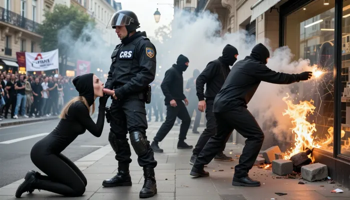 extérieur décor urbain grande avenue durant des manifestations, à gauche de la photo 1 femme de 25 ans à genoux de profil droit innocente caucasienne habillée en noir tenue moulante et une cagoule noire relevée sur son front elle suce profondément la bite sortie du pantalon d'un CRS debout face à elle elle tend les bras devant elle pour agripper les fesses du CRS avec ses mains le CRS est habillé de sa tenue anti émeute et son casque sur la poitrine du CRS il est écrit "CRS" il ne peut pas voir un groupe dans son dos de 5 personnes à droite de l'image habillées en noir et cagoulées de profil droit brulent un magasin à droite de l'image en jetant des fumigènes enflammés et des pavés sur la vitrine du magasin avec des attitudes agressives et des mouvements variés amples de lancer avec leurs bras sur la vitrine, des fumigènes saturent l'atmosphère, en arrière plan on distinguer une foule en colère avec des banderoles, éclairage soleil d'été, canon 5d 28 mm, cadrage corps entier