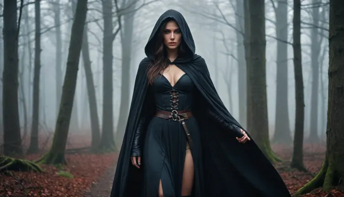 Dark cinematic fantasy forest, mysterious atmosphere, full body photo, sword at the hand, sexy tight elegant layered mediaeval outfit, medium breasts, front viewer, realistic 4K. A mysterious adult woman with long dark hair, wearing a dark hooded cloak, fog grows denser between the trees., hinaigirl, <lora:MaybeBetterFaceInFullBodyLora_XL_rev3:1.4>