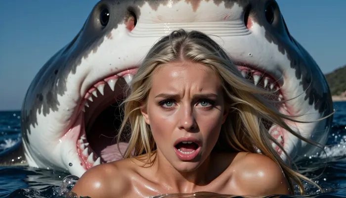 An extremely beautiful, naked blonde woman fleeing in the sea from a massive, man-eating great white shark. She is terrified, with sheer dread and fear visible in her eyes. The frame captures her face in striking, razor-sharp detail—her features are perfect, with large, wide-open eyes reflecting a desperate struggle for survival. Behind her, a colossal shark looms with its jaws agape, revealing its teeth and large, dark, sinister eyes.