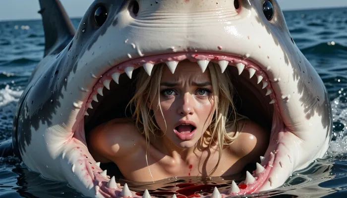 An extremely beautiful, naked blonde woman, her face and outstretched arms are visible inside the open jaws of a shark—she is pleading for help. The scene takes place at sea, featuring a massive, man-eating great white shark. The woman is terrified, with sheer horror and fear in her eyes. The frame captures her face in striking, vivid detail, alongside the enormous, open-jawed shark. There is blood inside the shark's maw and in the surrounding water, the shark’s teeth are visible, as are its large, dark, sinister eyes. The woman’s face is rendered with perfect, intricate detail—her eyes are wide open, reflecting a desperate struggle for survival.