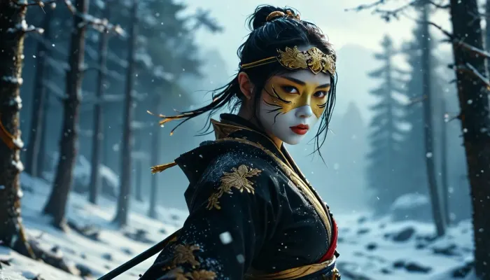 [KTA], (Dark Fantasy Artwork), artistic, low angle, 40 yo, belle beautiful female masked Kunoichi ninja wearing eyeliner and gold jewelry, set on ta dark snowy landscape, beautiful intricate details, fluid movement, stunning shading, aerial shot, dynamic lighting, natural beauty, /KlTTY-ART/, <lora:COMFYUI_mimic_landscape_-_XL_SDXL v2.0:.1>, <lora:MJ52:.1>