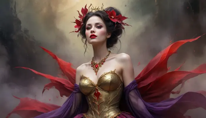 (Dark Fantasy Artwork), artistic, low angle, artistic painting in a watercolor and oil on parchment, the background features a large abstract red heart shape, 40 yo, ethereal belle female orchid predator made of thorns, dress of thorns, thorns emerge from her skin, thorn-like gold jewelry, playful pout, dark misty void with violet and emerald shimmering surfaces, harsh direct lighting, sweetness, soft focus, seductive gaze, red lips, dynamic effect through paint splashes and streaks, warm colors, painterly texture, fantasy, natural beauty, gleaming ghostly gold, epically atmospheric fog, red ribbons, the background is a neutral black color, /KlTTY-ART/