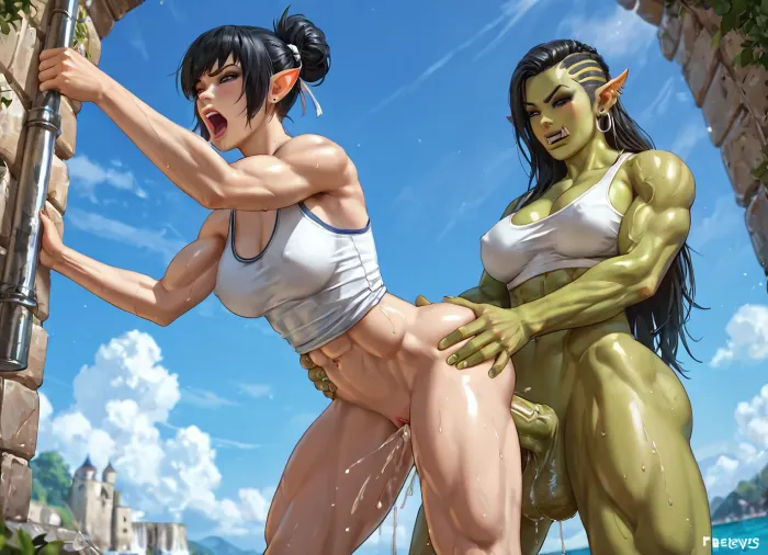 A green futanari female orc with muscular massive body, with fury hard brutal pussy fucking a slender elf woman, smashing her with force, lordosis behavior, natural hard sex, savage sex pose, large penis pounding pussy hard, hands grabbing woman’s butt, juices is spraying hard, screaming, BREAK, 1girl, 20yrs old, Asian, slender figure, medium breast, abs, white tank top, eyes opened wide, futanari orc, large breast, black hair, giant cock stretching pussy. muscular, rage hard brutal force fucking, sperm hard fountain, smash, smash hard, force, brutal, ((very brutal fuck)), ((hips smashing buttocks)), dungeon background, lineart, LineAniAF, perfecteyes, <lora:MJ52:.5>, <lora:LineAniRedmondV2-Lineart-LineAniAF:.5>, <lora:lora-sdxl-perfect-eyes:.8>