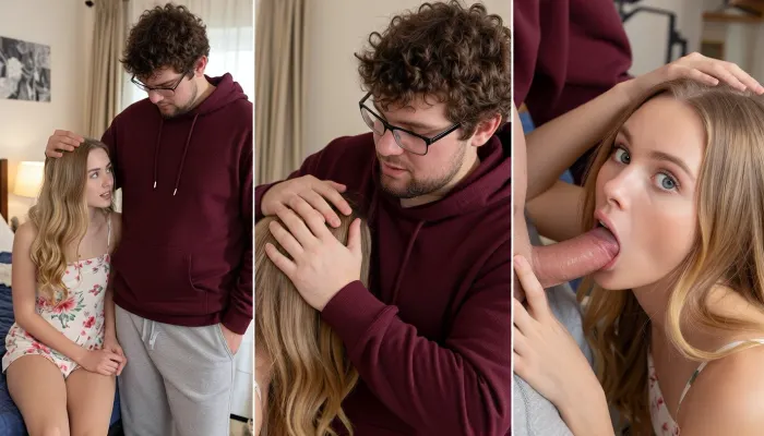 masterpiece, best quality, ultra-detailed, 1girl, 1boy, three-panel photo collage, split-screen photo, indoor bedroom setting.
​Left panel, A young blonde girl with long wavy hair sits on a bed, wearing a floral sundress, looking up at a taller fat man with glasses, curly brown hair, a beard, and wearing a maroon hoodie with grey sweatpants. He is gently placing his hand on top of her head.
​Middle panel, A close-up view from behind the blonde girl's head, showing the same bearded man with glasses and a maroon hoodie gently resting his palm and fingers on the crown of her head. He has a calm, focused expression.
​Right panel, A close-up high angle shot view of the blonde girl with an expressive, giving blowjob, surprised, or startled facial expression, sucking dick, (mouth slightly open, eyes wide), as she extends her arm toward the camera. She is wearing the floral print top.
​Warm indoor natural lighting, casual home environment, screenshots from a video, candid camera capture style, photorealistic, 8k resolution