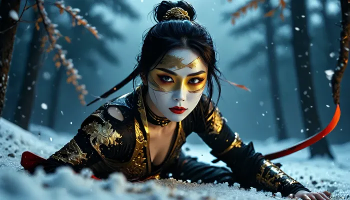 [KTA], (Dark Fantasy Artwork), luminous shadow, artistic, low angle, 40 yo, belle beautiful female masked Kunoichi ninja wearing eyeliner and gold jewelry, set on ta dark snowy landscape, beautiful intricate details, fluid movement, aerial shot, natural beauty, /KlTTY-ART/, night vision, <lora:COMFYUI_mimic_landscape_-_XL_SDXL v2.0:.1>, <lora:MJ52:.1>