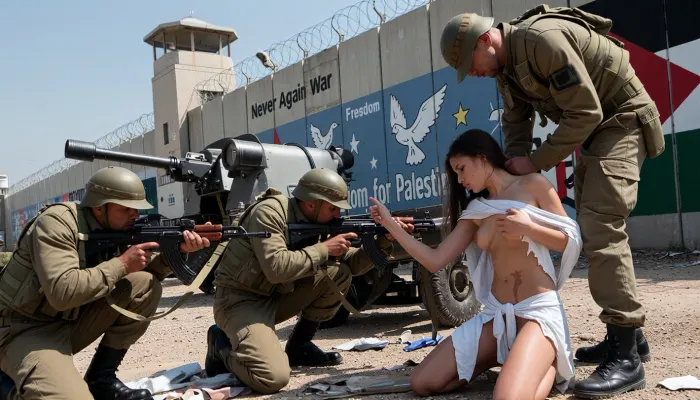 Young, vulnerable victims of sexual violence beg the soldiers on their knees to spare their lives, torn scraps of clothing, exposed breasts bearing the imprints of groping hands, the rifles of uniformed, depraved soldiers aimed at the victims of sexual violence, a high border wall, barbed wire, watchtowers, searchlights, artillery pieces, a soldier points his rifle at a girl’s head from point-blank range, on the wall, murals of white doves and the slogans "Never Again War" and "Freedom for Palestine."