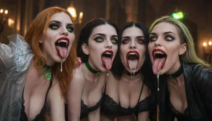 highly detailed, best quality, perfect sharpness, other people in disguise in blurred background, (gangbang_party, helloween_fun, exclusive_nightclub:1), (four girls, distorted_face, extremely made up, pale skin, red lipstick, long nails:1.1), (wide_open_eyes, screaming_surprised, sluts_in_lust, having_fun, teeth, tongue out:1.15), (cumshot, some cum in mouth, cum dripping from face), (big vampire fangs:1.3), (sex_obsessed, gorgeous_female_vampires, stunning_eyes_glow:1.3), (sexy black lingerie, flashing tits in different sizes, black seethrough open long raincoat, huge bdsm collar:1.1), (wild_action, raging_like_crazy, arousing_posture), (bent over, tilt head, flying blonde+ginger+black long hair), (huge saggy_breast hanging:1.35), perfect legs, rule of thirds, partylight, old castle room, posing sexy, <lora:milkers_v2:1.8>, <lora:face_xl_v0_1:.7>