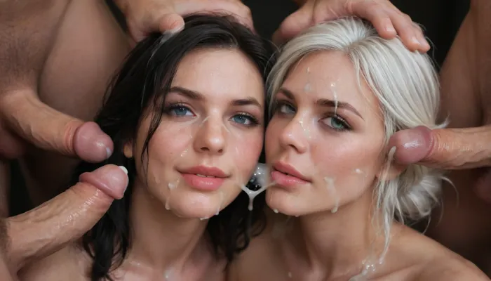 (Yennefer de Vengerberg, ciri and ginger Triss Merigold from the witcher 3), sloppy french kissing, smiling, eyes open, (Cum details), realistic cum, Prominent cum, (white cum:1.7), cum on, (Cum flows:1.2), (cum on body:1.3), cum on head, (cum on face:1.3), bukkake, ((body covered with semen)), black room, black background, cum, face, Face covered in cum, (A lot of cum:1.5), 3+men, surrounded by flaccid dicks, <lora:JustCum:.7>, <lora:cum_in_eye_deepmind:.8>, eyes contact
