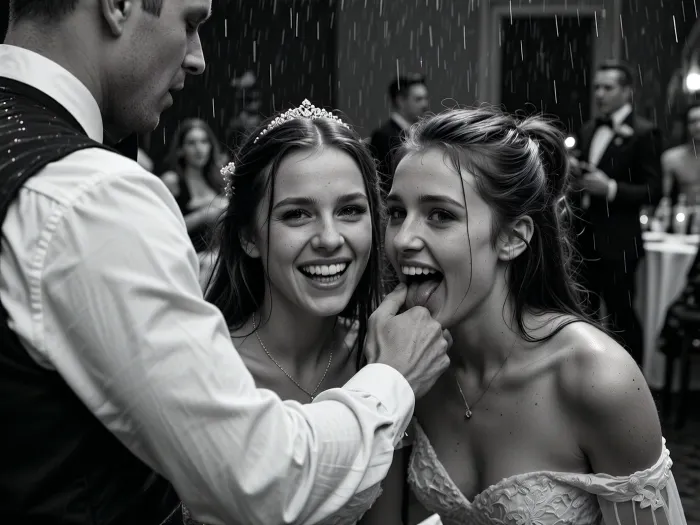 Two very drunk 22 years old women giggle and nervously fucking shyly to the handsome waiter away from the wedding reception, perfect teeth, wedding party in the blurred background. various perspectives, FRESHIDEAS, Real, Photography, 2#, Black, and, white, art, black, shading, charcoal, toned, brutal, dark, b/w, color, scheme, texture, photorealistic, hvrn, heavy, rain