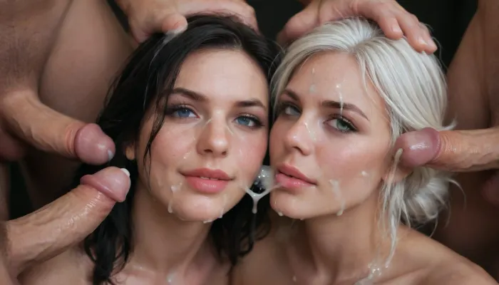(Yennefer de Vengerberg, ciri and ginger Triss Merigold from the witcher 3), sloppy french kissing, smiling, eyes open, (Cum details), realistic cum, Prominent cum, (white cum:1.7), cum on, (Cum flows:1.2), (cum on body:1.3), cum on head, (cum on face:1.3), bukkake, ((body covered with semen)), black room, black background, cum, face, Face covered in cum, (A lot of cum:1.5), 3+men, surrounded by flaccid dicks, <lora:JustCum:.7>, <lora:cum_in_eye_deepmind:.8>, eyes contact