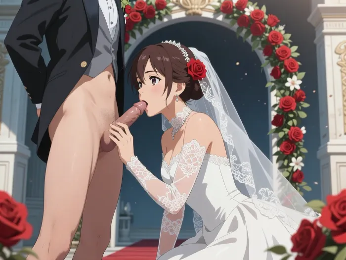 A beautiful bride on her wedding day, modern, highly detailed anime style, hentai, a masterpiece. A young bride with chestnut-brown hair in a neat updo, a silver tiara, a long white veil, and an elegant white wedding dress with semi-transparent lace sleeves. She gently takes into her mouth the penis of the groom standing before her—partially visible—who is wearing a black tailcoat with a gray vest and a white shirt, but no pants. Background, bright, soft light on the bride and groom, soft shadows, a dark blue evening backdrop with stars, marble columns and a wedding arch adorned with red roses against a deep blue sky, the erotic atmosphere of an evening wedding ceremony. Highly detailed modern 2D hentai/anime, detailed anatomy, glossy skin, lace, fabrics, realistic lighting, high-quality rendering.