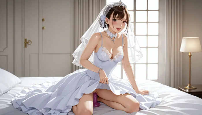 On her wedding day, a beautiful bride sits on a white bed in a bright room, smiling happily and looking at the viewer. The young woman wears a white veil with a tiara and flowers, a choker with a bow, a necklace, and a bracelet. A light-colored satin wedding dress with a deep neckline, thin straps, and a full skirt spread out across the bed. The bride lifts the front of her skirt, visible beneath the dress is a purple dildo entering her vagina. Glossy skin, highly detailed anime hentai, soft daylight streaming through the window, a door with gold handles, and a bedside lamp. A masterpiece, ultra-detailed, with high-resolution rendering of fabrics, lace, skin, and facial expressions.