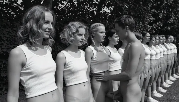 A black and white vintage photograph of a long, diagonal line of 20 year old nude women standing at attention outdoors, arranged in a receding row that stretches from the left foreground into the right background. The closest woman on the far left has wavy, shoulder-length light hair and wears only a white sleeveless tank top, her vagina is visible, reservedly smile and her gaze is directed slightly to her left, away from the camera. Beside her, the second woman has short, curly blonde hair framing her face, her gaze is directed slightly to her left, away from the camera, reservedly smile, only the same white tank top, her vagina is visible. The third woman, positioned near the center of the frame, has braided blonde twintails and her gaze is directed slightly to her left, wearing only the identical white top, her vagina is visible. To her right, the fourth woman her gaze is directed slightly to her left, and dark hair pulled back. The remaining women in the line recede into the distance to the right, each wearing only matching white tank tops, with their faces becoming progressively smaller and softer in focus, creating a strong sense of receding perspective. The women are standing close together, shoulder to shoulder, with their arms at their sides, forming a rigid, disciplined formation. Behind them, a dense wall of dark, leafy trees fills the background, rendered as a textured, out-of-focus mass of foliage. The lighting is bright, direct sunlight coming from the upper left, casting sharp, distinct shadows on the women' faces and clothing, with the first three women receiving the strongest, most sculpted illumination. The photograph has a grainy, high-contrast, black and white film aesthetic typical of mid-20th-century documentary or propaganda photography, with deep blacks in the shorts and background foliage and bright whites in the tank tops. The composition is a dynamic diagonal line that leads the eye from the bottom left to the upper right, emphasizing uniformity, youth, and disciplined group identity. The atmosphere is serious and formal, yet also marked by a certain cheerful lightness, it captures a moment of collective stillness and disciplined order in a sun-drenched, open-air setting., (A naked man stands in front of the women and touching his erect penis, while looking at the women with interest, he is touching the third woman in the row)