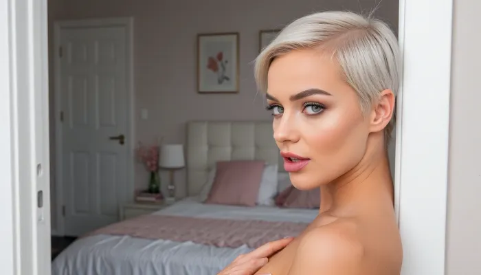 intimate portrait of a sultry woman posing sensually as she greets the viewer in the doorway to her cozy bedroom with minimalist feminine decor, huge expressive eyes looking away in a coy side-eye glance, sleek silver-blonde pixiecut hair in a tight undercut, sultry lip-bite expression, triangular face with high chiselled cheekbones, she is anchored to the side of the image with her bed featured prominently in the background using a rule-of-thirds composition