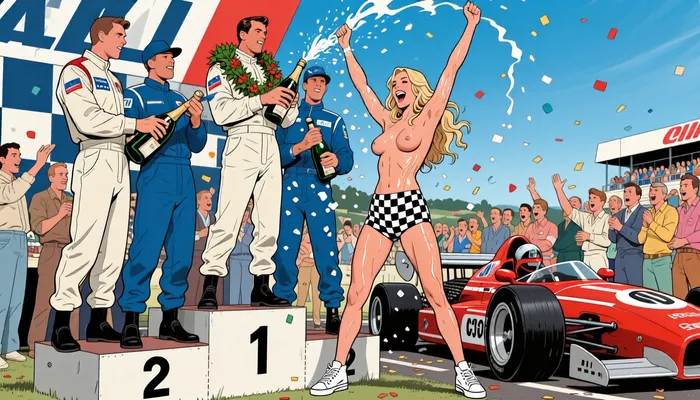 1960s Franco-Belgian bande dessinée illustration. Depicting a scene at the winner's celebration after the French Grand Prix at Paul Ricard during the 1969 season. The jubilant winners, all dressed in racing overalls, stand on the podium shaking magnum bottles of champagne and spray the champagne all over a grid girl who stands at the bottom of the podium, long blonde wavy hair, laughing, raising her hands high in the air, black and white checkered hot pants, white canvas shoes. She is wearing no shirt, medium tits, wet body, wet hair. There are many cheering fans around and confetti is in the air. A race car is parked nearby. Winner is wearing a wreath over his shoulders.

Precise clean lines, clear line art, flat colors with subtle vintage halftone shading. Dynamic motion blurs and classic speed lines on a vintage Formula 1 race car. Cinematic angle, sharp focus, authentic mid-century European comic aesthetic, masterpiece, highly detailed.