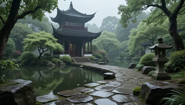 A serene traditional Chinese garden scene, a stone-paved path crossing over a calm reflective pond, a multi-story dark wooden pavilion in the background, surrounded by lush vibrant green trees and dense foliage, a stone lantern placed beside the path, rainy and misty atmosphere, soft diffused lighting, cinematic composition, hyper-realistic, highly detailed textures of wet stone and moss, 8k resolution, ethereal and peaceful mood, masterpiece, trending on artstation, soft natural colors, atmospheric depth.