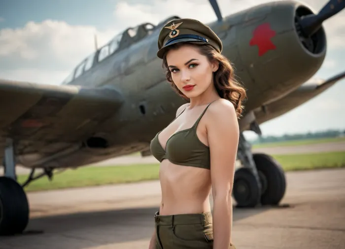 background military aircraft, photo in the style of the 1940s, pin-up photo, young adult girl in military uniform, bottomless, topless, cap
