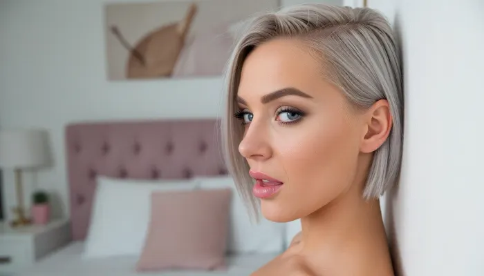 intimate portrait of a sultry woman posing sensually in her cozy bedroom with minimalist feminine decor, huge expressive eyes looking away in a coy side-eye glance, sleek silver-blonde pixiecut hair in a tight undercut, sensual lipbite expression, delicate triangular face with high chiselled cheekbones, she is anchored to the side of the image with her bed featured prominently in the background using a rule-of-thirds composition