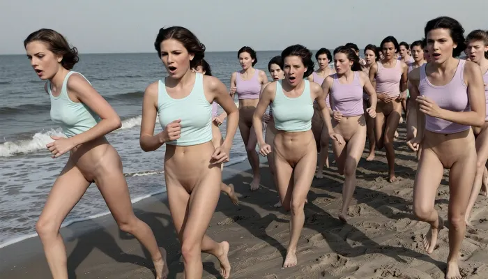 A colorized black and white vintage photograph of a large group of nude women running energetically toward the camera along a sandy beach shoreline, captured mid-stride in what appears to be an organized athletic race or recreational sprint. The women are arranged in a loose cluster across the frame, with the foremost runners positioned in the left and center foreground, the group extending and fanning out into the background toward the right side of the image. The leading woman on the far left leans forward with her arms bent at the elbows, wearing only a light-colored sleeveless tank top, her hair short and wavy. Slightly to her right and ahead, another prominent runner with a similar tank top, pushes forward with a focused, determined expression, her mouth slightly open. A third central figure runs with visible exertion, her arms pumping, mouth open wide in effort. The women gradually recede in size toward the right background, creating clear depth and layering as several runners overlap one another. All wear only matching athletic uniforms consisting of pale sleeveless tops, all vaginas are visible, suggesting a team or organized event. Their bare legs and arms are captured in dynamic motion, with knees lifted and feet contacting the wet sand. The beach surface is textured and uneven, marked with footprints and darker damp patches near the lower left where the shoreline meets the water, while the upper left shows the calm ocean horizon and low waves washing onto the shore. The sky above is bright and nearly featureless, rendered as a pale gray expanse. Strong natural sunlight comes from the upper right, casting long, sharp dark shadows of the runners diagonally to the lower left across the sand, emphasizing their forms and movement. The image has the grainy, high-contrast tonality typical of mid-twentieth-century black and white film photography, with slightly blown highlights on the skin and shirts against deeper shadowed tones. The composition uses a dynamic diagonal flow from the foreground left toward the background right, with the ocean and horizon line anchoring the middle ground. The overall atmosphere is vigorous, joyful, and nostalgic, echoing 1940s or 1950s documentary and sports photography, with an ultra-detailed, authentic vintage grain quality., (Next to the women’s running course, three naked men with erect penises are standing, the men watch the women with enthusiasm and touching their erect penises.)