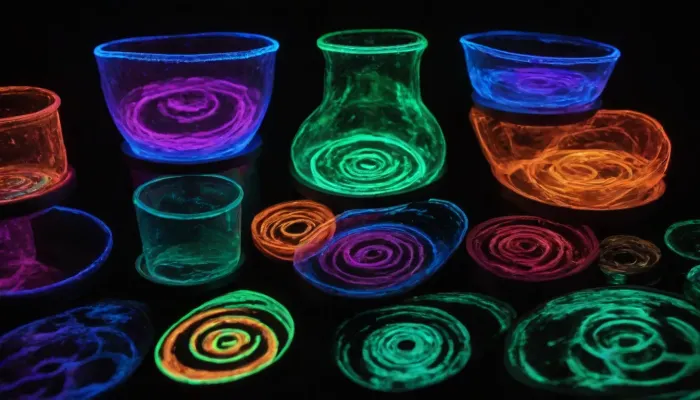 Create an extraordinary fine-art photograph captured entirely under ultraviolet blacklight, with authentic fluorescence physics and extremely realistic photographic behavior.

The scene exists in near-total darkness, illuminated almost exclusively by deep ultraviolet UV-A blacklight sources. Surfaces, pigments, minerals, fabrics, liquids, organic materials, painted textures, dust, and microscopic particles absorb invisible ultraviolet radiation and emit visible fluorescent light in spectacular spectral colors.

Make the fluorescence the true subject of the photograph.

Use physically believable fluorescence, intense electric violet, ultraviolet blue, cyan, turquoise, emerald green, radioactive-looking yellow-green, hot magenta, coral, orange, and spectral red emissions appearing only where materials genuinely fluoresce. Some materials should glow intensely while others remain almost completely black, creating dramatic contrast and revealing hidden patterns invisible under normal lighting.

Include subtle UV-induced atmospheric phenomena, floating fluorescent dust particles, tiny glowing fibers, translucent materials with internal light scattering, faint fluorescent reflections on nearby surfaces, luminous edges around translucent objects, microscopic glowing textures, and delicate color spill caused by fluorescent emissions.

The blacklight itself must remain mostly invisible, producing an eerie ultraviolet environment rather than ordinary colored stage lighting. Avoid generic neon lighting. Avoid artificial RGB illumination. The visible colors must appear as emitted fluorescence, not painted-on neon.

Capture the image as if photographed with an elite full-frame professional camera using a high-end macro/portrait lens, exceptional optical quality, realistic depth of field, precise focus falloff, physically accurate lens behavior, subtle chromatic aberration, natural diffraction, realistic bokeh, microscopic surface detail, nuanced exposure roll-off, rich shadow information, and extraordinary dynamic range.

Preserve deep, almost absolute blacks while retaining intricate information inside the darkest regions. Fluorescent highlights should bloom organically without destroying their texture. Introduce subtle halation around the brightest fluorescent areas, delicate lens glow, realistic sensor response, slight photon noise, extremely fine film grain, and authentic long-exposure photographic character.

The composition should feel mysterious, scientific, alien, surreal, and beautiful at the same time, as though a hidden fluorescent ecosystem has suddenly been revealed inside an ordinary world, atmos