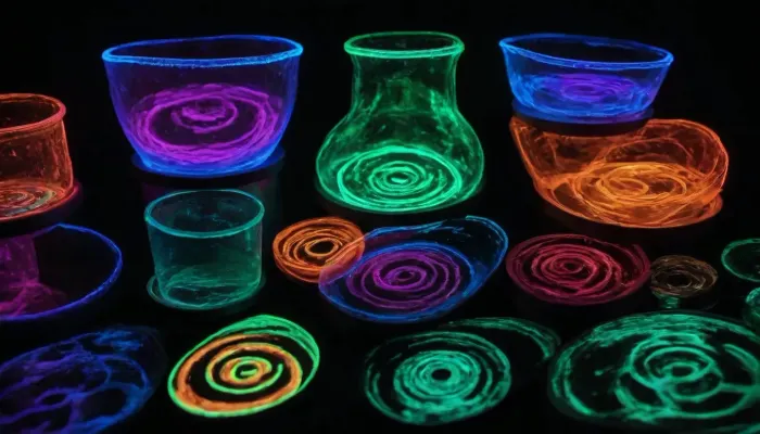 Create an extraordinary fine-art photograph captured entirely under ultraviolet blacklight, with authentic fluorescence physics and extremely realistic photographic behavior.

The scene exists in near-total darkness, illuminated almost exclusively by deep ultraviolet UV-A blacklight sources. Surfaces, pigments, minerals, fabrics, liquids, organic materials, painted textures, dust, and microscopic particles absorb invisible ultraviolet radiation and emit visible fluorescent light in spectacular spectral colors.

Make the fluorescence the true subject of the photograph.

Use physically believable fluorescence, intense electric violet, ultraviolet blue, cyan, turquoise, emerald green, radioactive-looking yellow-green, hot magenta, coral, orange, and spectral red emissions appearing only where materials genuinely fluoresce. Some materials should glow intensely while others remain almost completely black, creating dramatic contrast and revealing hidden patterns invisible under normal lighting.

Include subtle UV-induced atmospheric phenomena, floating fluorescent dust particles, tiny glowing fibers, translucent materials with internal light scattering, faint fluorescent reflections on nearby surfaces, luminous edges around translucent objects, microscopic glowing textures, and delicate color spill caused by fluorescent emissions.

The blacklight itself must remain mostly invisible, producing an eerie ultraviolet environment rather than ordinary colored stage lighting. Avoid generic neon lighting. Avoid artificial RGB illumination. The visible colors must appear as emitted fluorescence, not painted-on neon.

Capture the image as if photographed with an elite full-frame professional camera using a high-end macro/portrait lens, exceptional optical quality, realistic depth of field, precise focus falloff, physically accurate lens behavior, subtle chromatic aberration, natural diffraction, realistic bokeh, microscopic surface detail, nuanced exposure roll-off, rich shadow information, and extraordinary dynamic range.

Preserve deep, almost absolute blacks while retaining intricate information inside the darkest regions. Fluorescent highlights should bloom organically without destroying their texture. Introduce subtle halation around the brightest fluorescent areas, delicate lens glow, realistic sensor response, slight photon noise, extremely fine film grain, and authentic long-exposure photographic character.

The composition should feel mysterious, scientific, alien, surreal, and beautiful at the same time, as though a hidden fluorescent ecosystem has suddenly been revealed inside an ordinary world, atmos