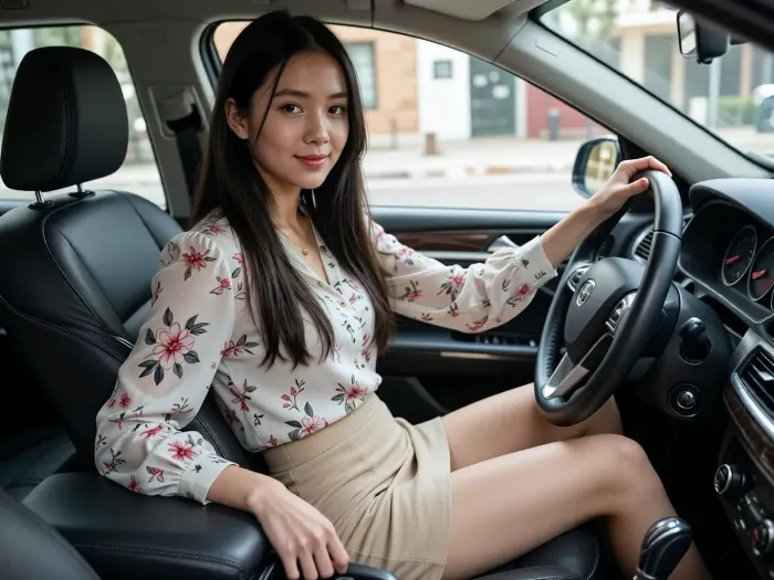 A young Asian woman with long dark hair, sitting in the driver's seat of a car, looking at the camera with a gentle smile. She is wearing a light-colored floral blouse with long sleeves and a beige fitted mini skirt. Her right hand is holding the steering wheel, and her left hand rests near the center console. The interior of the car features black leather seats. Natural soft daylight illuminates the scene from the side window, showing a blurred background of a street and buildings outside. Realistic photography, high detail, 8k resolution.