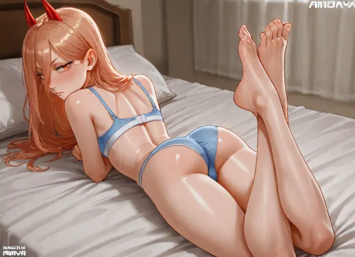 (Andava:1.5), (Power from chainsaw man, (young), (petite:1.5), underwear), solo, laying on stomach, back arched, feet crossed